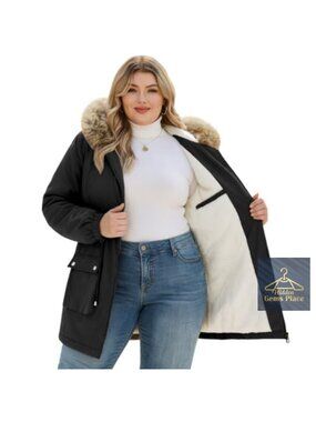 Plus Size Winter Parka Fleece Sherpa Lined Fur Hood Coat